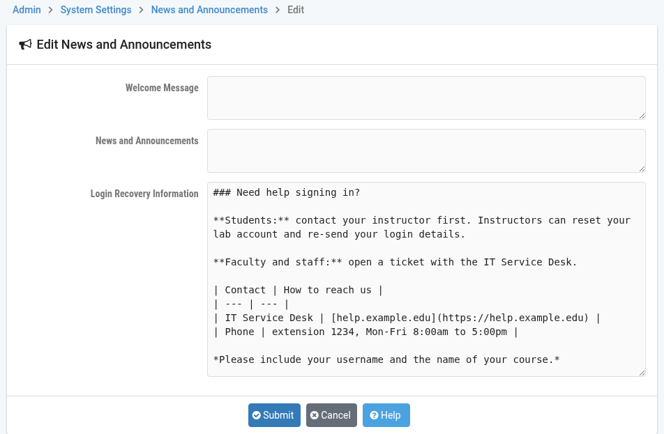 Edit News and Announcements showing a Login Recovery Information markdown example