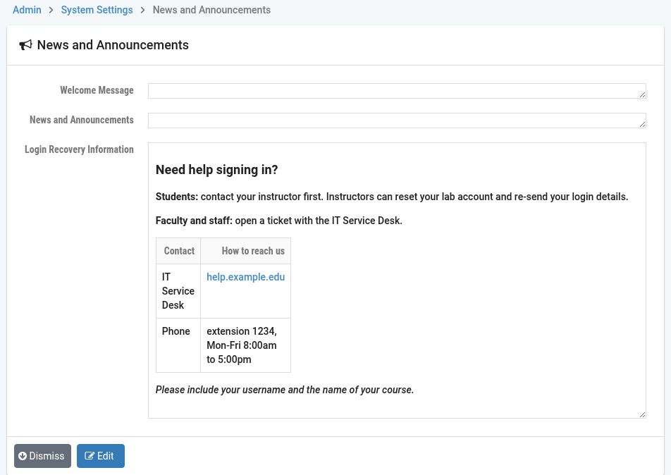 News and Announcements page showing the rendered Login Recovery Information